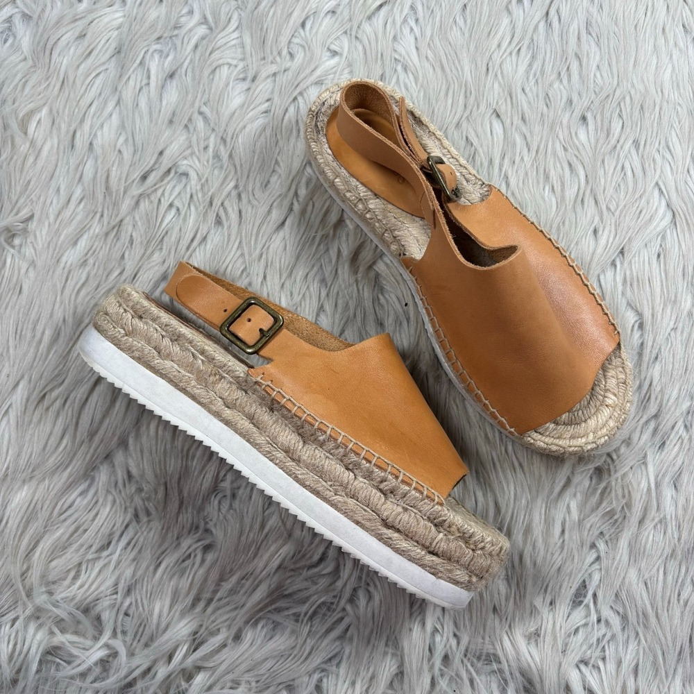 Soludos Women's 8 Tan Leather Peep Toe Platform Espadrille Sandals Boho Beach